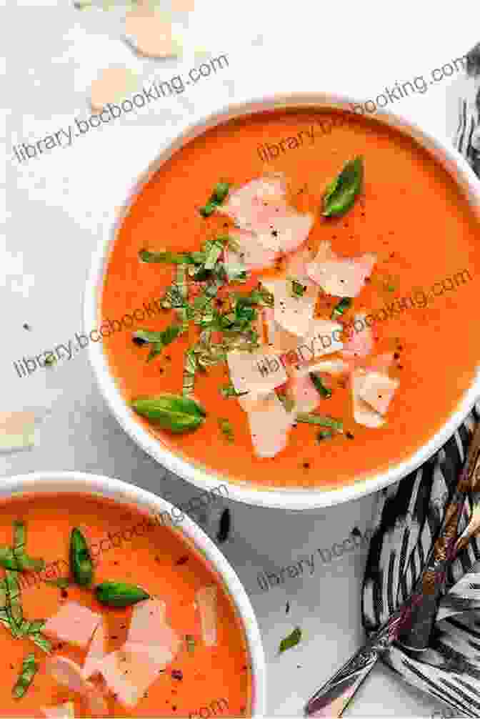 A Steaming Bowl Of Creamy Tomato Basil Soup, Garnished With Fresh Basil Leaves Southern Bean Cookbook: 240 Recipes For Soups Casseroles Meals Salads Side Dishes (Southern Cooking Recipes)