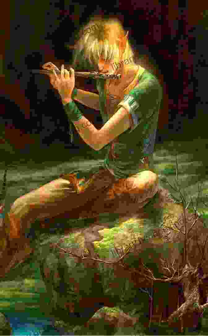 An Elf Sitting On A Rock In A Forest, Playing A Flute. Secret Commonwealth Of Elves Fauns And Fairies